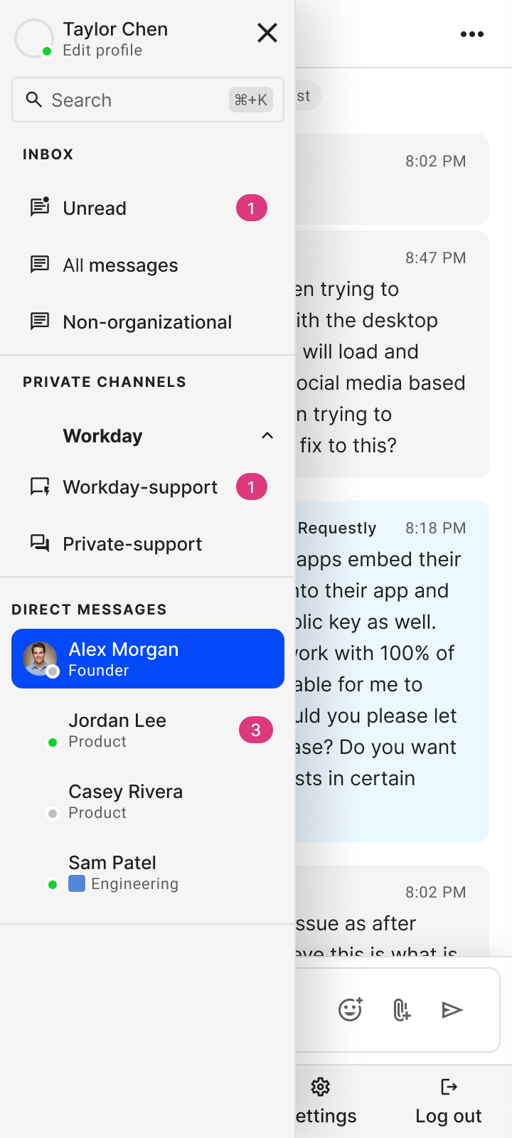 Mobile admin navigation with inbox filters, channels, and direct messages